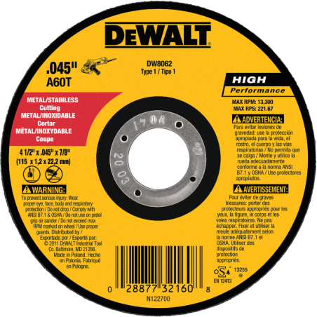 DeWalt High Performance 4-1/2" x 0.045" x 7/8" Cut-Off Wheel - DW8062